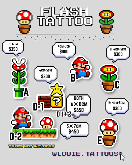 Mario Theme | Gaming Theme | Flash Tattoo Available Walk In and & Appointment