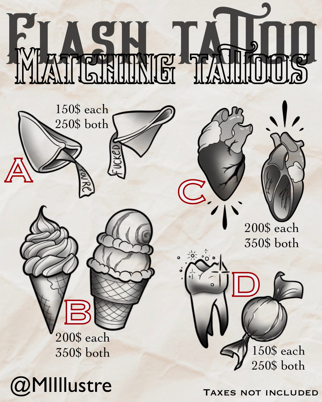 Neo-trad Flash Tattoos | Matching Tattoo Design | Design by Marilyn